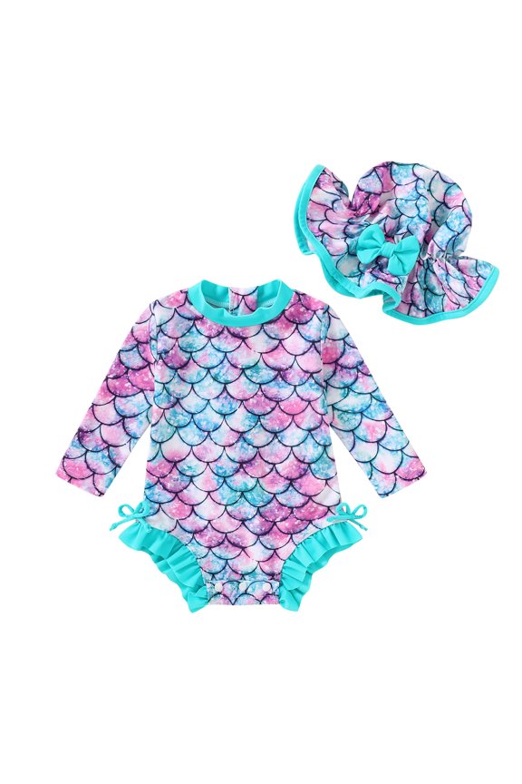 Toddler Girl Swimsuit Baby Long Sleeve One-Piece Rash Guard Bathing Suit with Hat for 6-12 Months