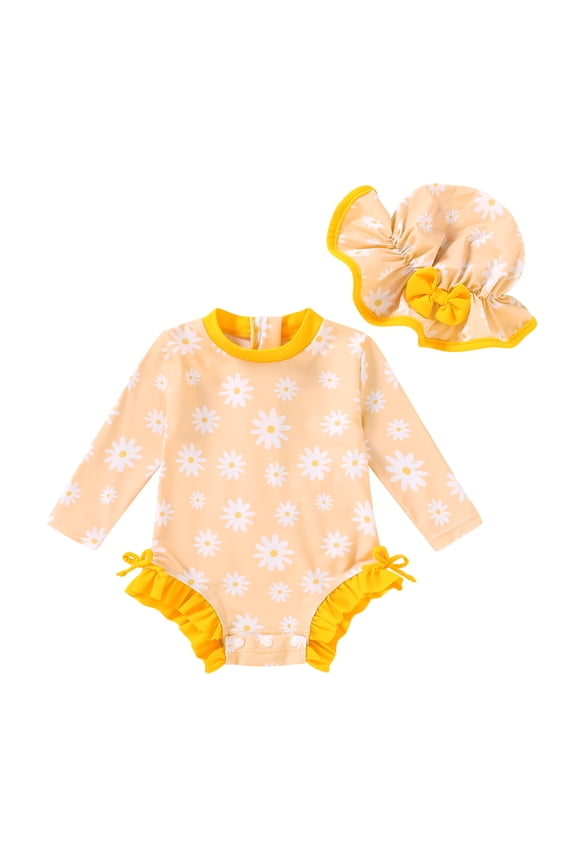 Toddler Girl Swimsuit Baby Long Sleeve One-Piece Rash Guard Bathing Suit with Hat for 6-12 Months
