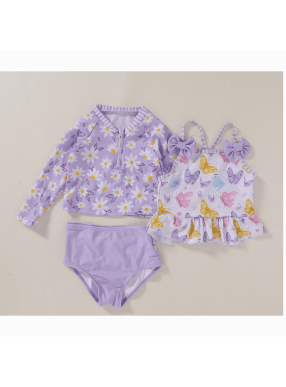 Toddler Girl Swimsuit Baby Long Sleeve Rashguard Top and Tankini Bathing Suit 3 Piece Set for 18-24 Months