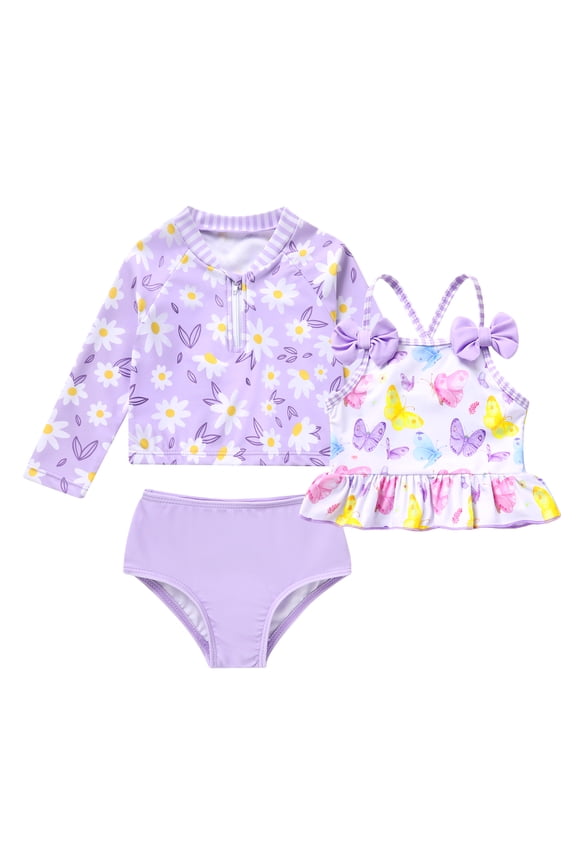 Toddler Girl Swimsuit Baby Long Sleeve Rashguard Top and Tankini Bathing Suit 3 Piece Set for 3-4T