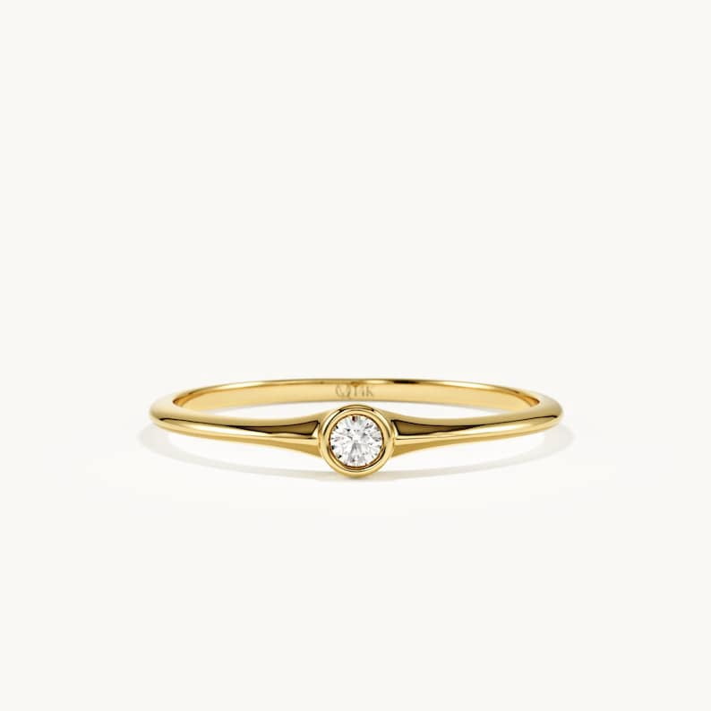 Stacking Solitaire Rings Tiny Diamond Ring 14K Solid Gold, Bezel Set Lab Grown Diamond Solitaire ...