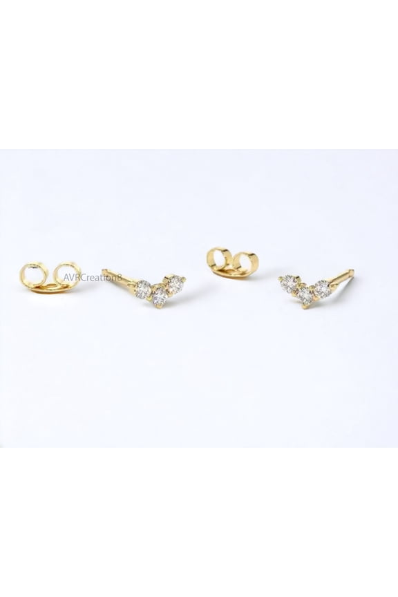 Tiny Diamond Stud Earrings, 925 Sterling Silver Three Stone Minimalist Jewelry Valentine's Gift for Women