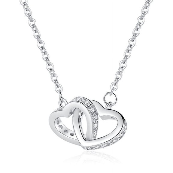 Tiny Double Heart Necklace Small Sterling Silver Cubic Zirconia Cute Dainty Love Pendant Heart Necklace for Women