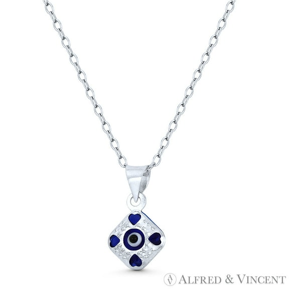 Tiny Evil Eye Charm Glass Bead Pendant & Chain Necklace in .925 Sterling Silver w/ Rhodium - Clear Light Blue