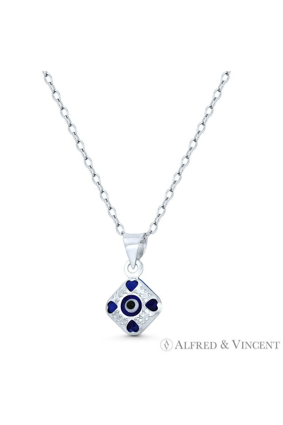 Tiny Evil Eye Charm Glass Bead Pendant & Chain Necklace in .925 Sterling Silver w/ Rhodium - Clear Light Blue