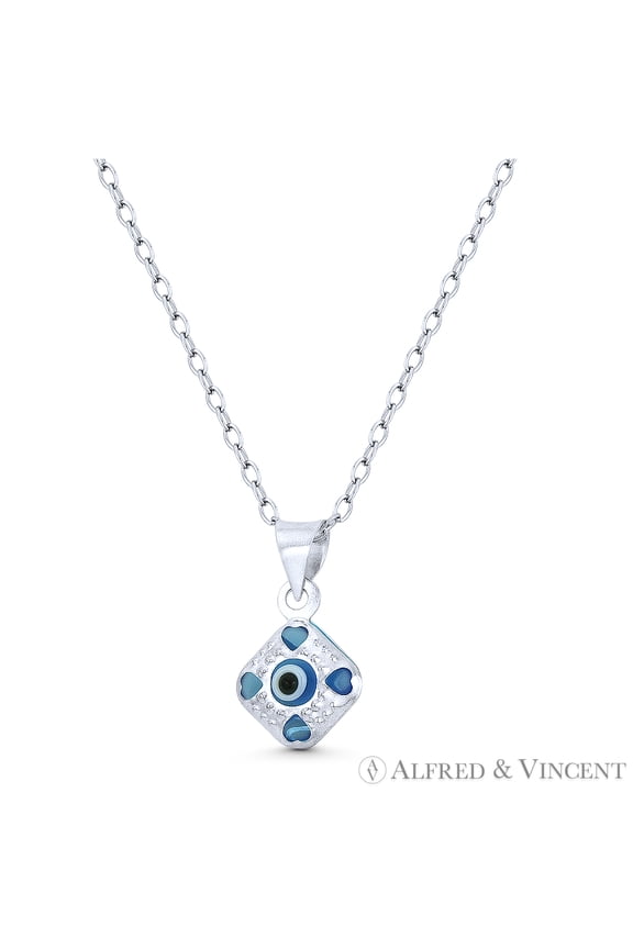 Tiny Evil Eye Charm Glass Bead Pendant & Chain Necklace in .925 Sterling Silver w/ Rhodium - Clear Teal Blue