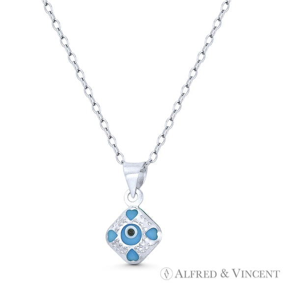 Tiny Evil Eye Charm Glass Bead Pendant & Chain Necklace in .925 Sterling Silver w/ Rhodium - Turquoise Blue