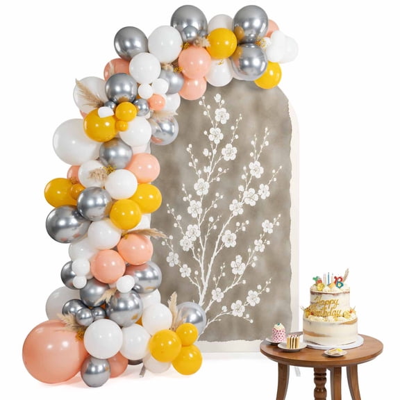 Tiny Floral Boho Arch Backdrop Cover 4 Ft White Plum Blossom Branches Botanical Brown Vignette Spandex Fitted Stretchy Arch Cover, Round Top Chiara Backdrop Cover for Wedding Birthday