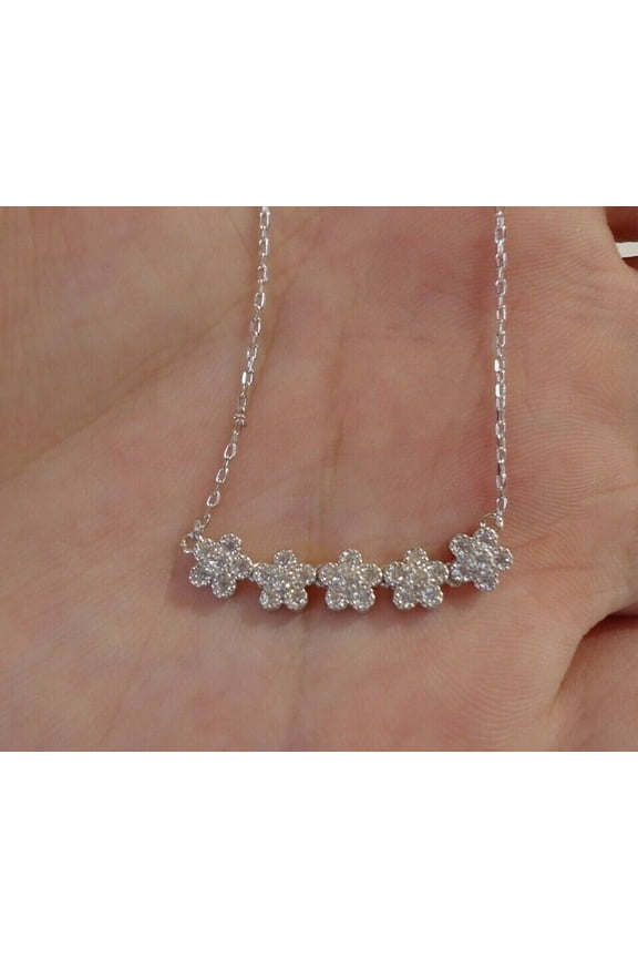 Tiny Flower Fancy Necklace Round Lab Created Diamond 14K White Gold Plated 18"