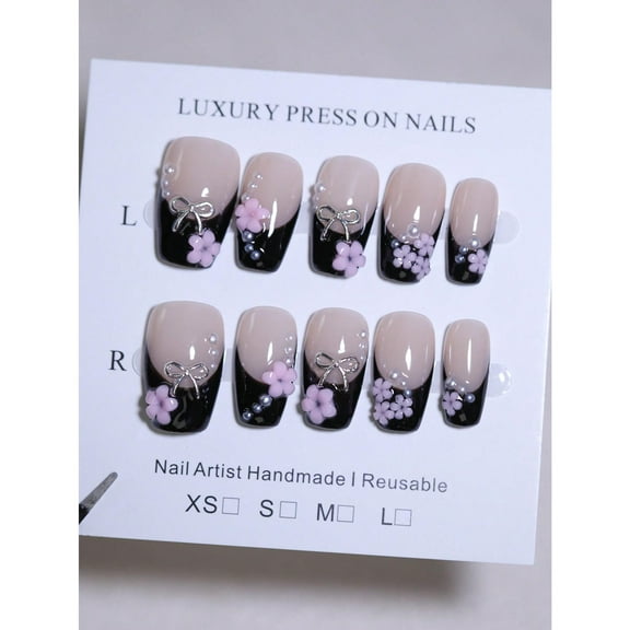 Tiny Flower Nail Decoration French Style Black And Nude Color Handmade Press On Nails 10 Pcs Coffin Short Ballet Nail Tips Reusable Manual Nails For Four Seasons Women And Girls DIY Nail Products