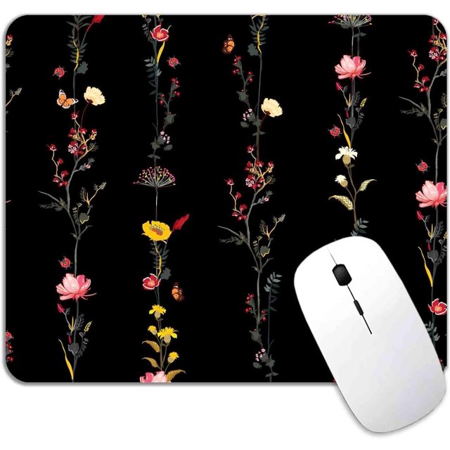 Tiny Flowers Mouse Pad - Premium-Textured Washable Botanical Design, Black Office Decor Mouse Mat for Women, Gift for Her, 9.5x7.9 Inch, Stylish and Functional