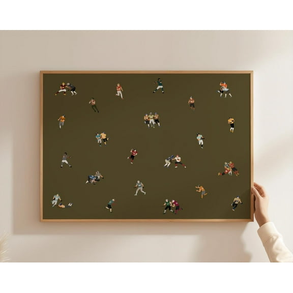Tiny Football Players Print | Minimalist People Art Gift for Sports Dad Football Player Horizontal Olive Green Office Decor, 8x12 UNFRAMED