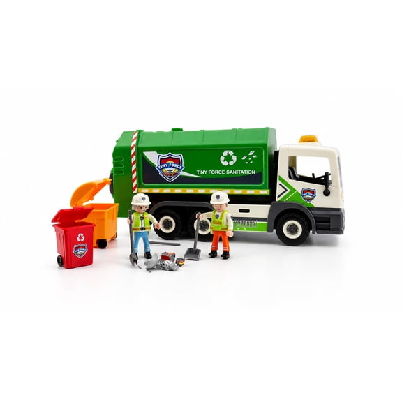 Tiny Force Garbage Truck Toy Set with 2 Action Figures, Dumpster, Trash Bin, Cleanup Accessories & Pretend Trash, Ages 4
