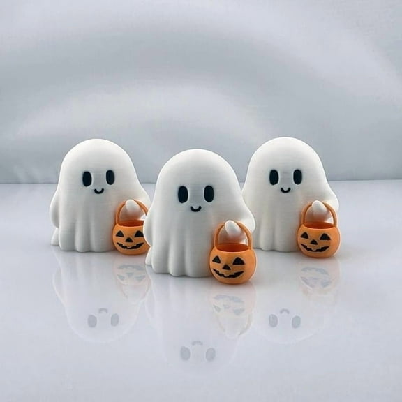 Tiny Ghost Halloween Decoration – Cute Trick-or-Treat Desk Display with Mini Pumpkin Bucket, Lightweight 3D Printed Statue, Spooky Bookshelf Accent & Fall Home Gift