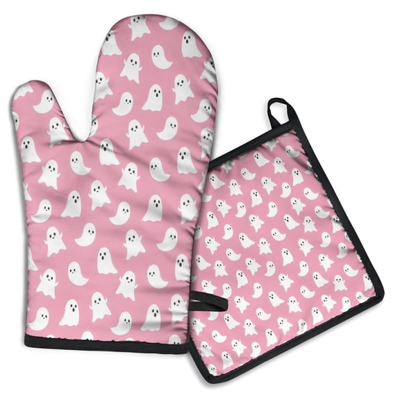 Tiny Ghost Halloween Pattern Kitchen Oven Mitt and Pot Holder Sets 2 Pcs for Baking, Cooking and Grilling, Heat Resistant Up To 392 °F