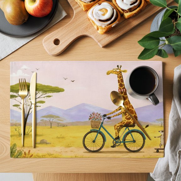 Tiny Giraffe Placemats Set of 12, Modern Playful Yellow Animal Bicycle Skateboard Non-Slip Place Mats Washable Table Mats for Kitchen Dining Table Decorations Indoor/Outdoor