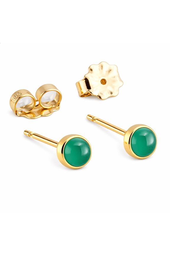 Tiny Gold Stud Piercing Earrings Bezel Set for Cartilage Tragus Helix Multiple Hypoallergenic Birthstone Jewelry for Women (Green Chalcedony GF)