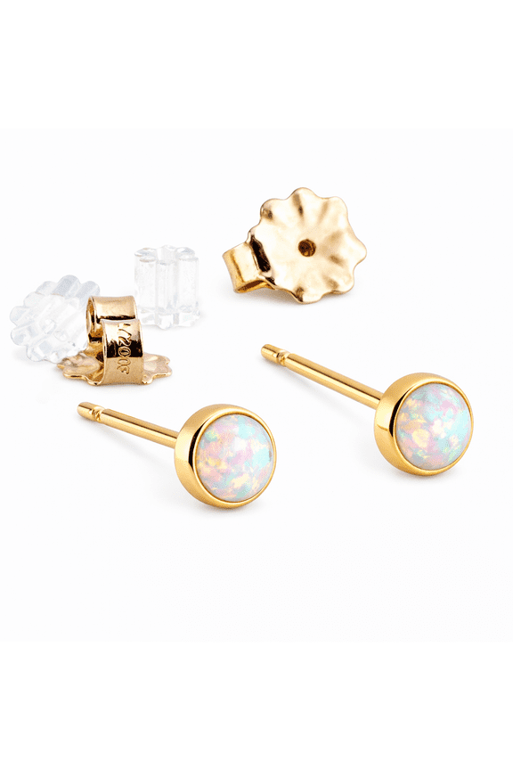 Tiny Gold Stud Piercing Earrings Bezel Set for Cartilage Tragus Helix Multiple Hypoallergenic Birthstone Jewelry for Women (White Opal | 3mm GF)