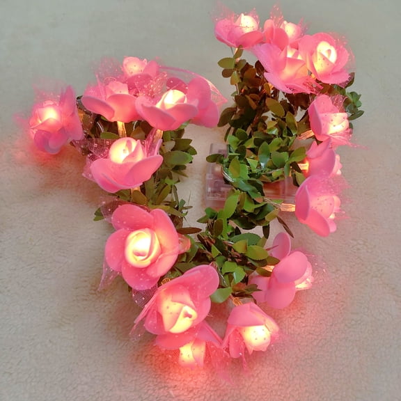 Tiny Green Leaf Garland with Pink Lace Rose Flower String Light Battery Powered for Indoor Christmas Party Wedding Garden Dcor