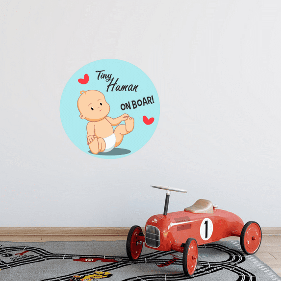 Tiny Human On Boar - Kids Boys Bedroom Nursery Vinyl Wall Art Decal Quotes Sticker Design | 28 Inches x 28 Inches Adhesive Home Baby Infant Hearts Decor Removable Living Room Giant Decoration