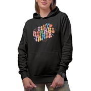 Tiny Humans Tamer Quote, Retro Groovy Wavy Text Art, Teacher Merch Gift, Black Hooded Sweatshirt or Hoodie, 3XL