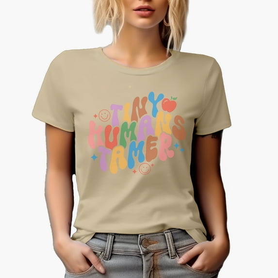 Tiny Humans Tamer, Retro Groovy Wavy Text Art, Teacher Merch Gift, Tan T-Shirt, Medium