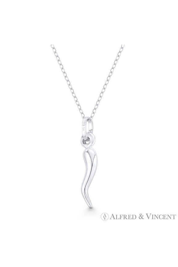 Tiny Italian Horn Corno Evil Eye Luck Charm Pendant & Chain Necklace in .925 Sterling Silver