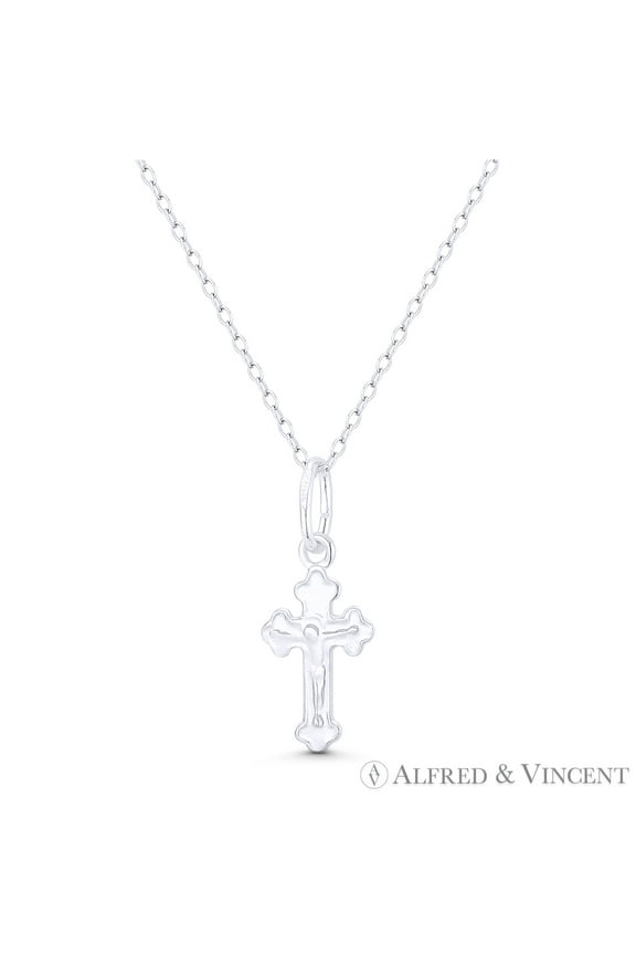 Tiny Jesus Christ on Budded / Botonee Cathedral Cross Pendant in .925 Sterling Silver