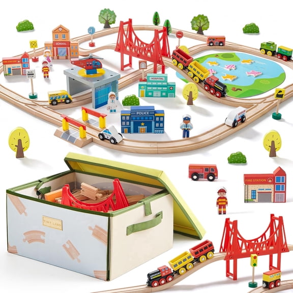 Tiny Land 110-Piece Wooden Train Set with Storage Box & City Play Mat, Non-Toxic Wooden Train Set with Convenient Storage, Gift for Kids Ages 3-7