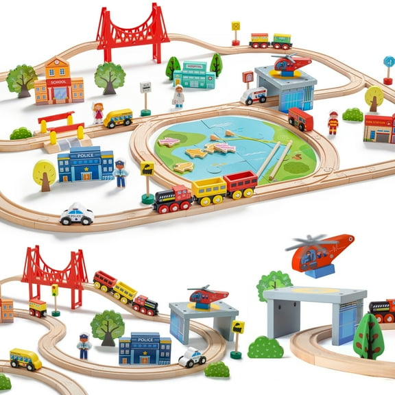 Tiny Land 110-Piece Wooden Train Set with Track, Ideal for Ages 3-7, Wooden Toy for Boys & Girls
