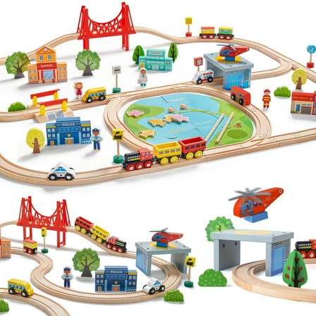 Tiny Land 110-Piece Wooden Train Set with Track, Ideal for Ages 3-7, Wooden Toy for Boys & Girls