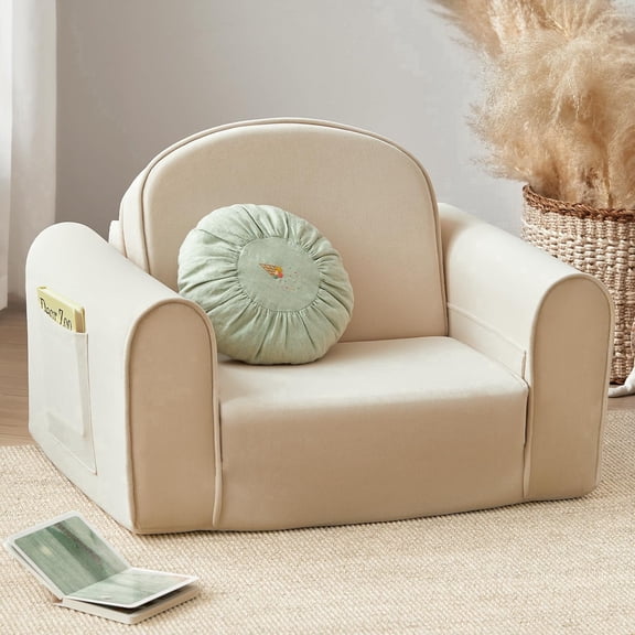 Tiny Land 2-in-1 Foldable Sofa for Kids, Soft Thick Toddler Sofa with Side Pockets, Convertible Kids Chair for Playroom, Bedroom or Living Room, Beige