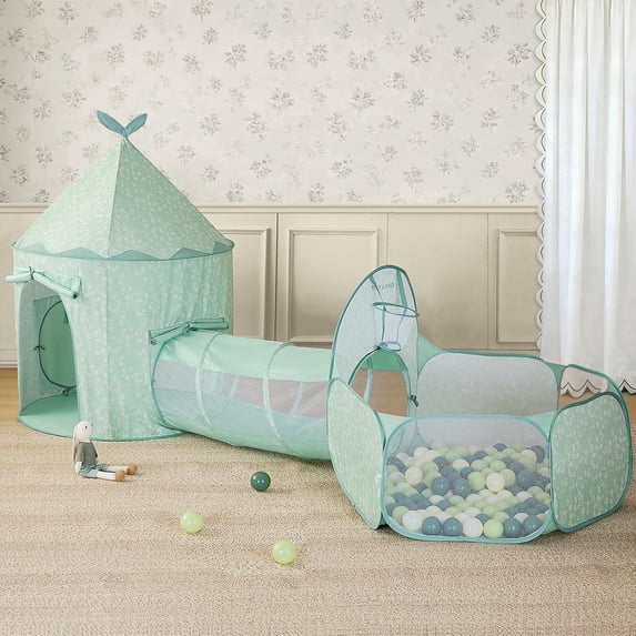 Tiny Land 3-in-1 Kids Play Tunnel with Ball Pit & Tent, Pop Up Crawling Tunnel for Toddlers, Indoor & Outdoor Playhouse, Foldable Gift Toy for Boys & Girls, Green