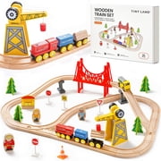 Tiny Land 55PCS Wooden Train Track Set with Magnetic Crane, Educational Pretend Play Toy, Compatible Wooden Railway Set for Kids Ages 3-8