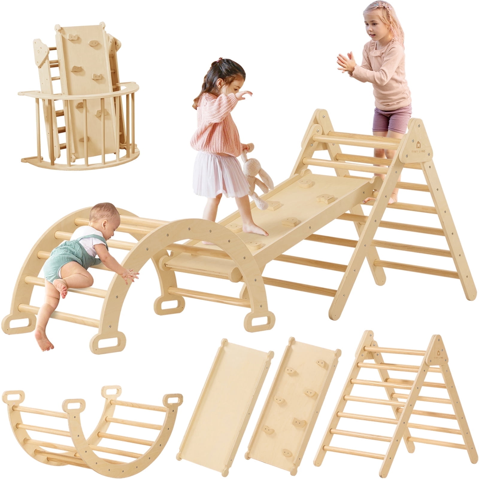 yunn⭐︎kids Tiny Land 7 in 1 Foldable Wooden Pikler Triangle Set, Montessori