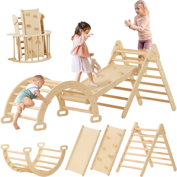 Tiny Land 7 in 1 Foldable Wooden Pikler Triangle Set, Montessori Jungle Gym for Toddlers, Indoor Playground for Kids 2-6 Years