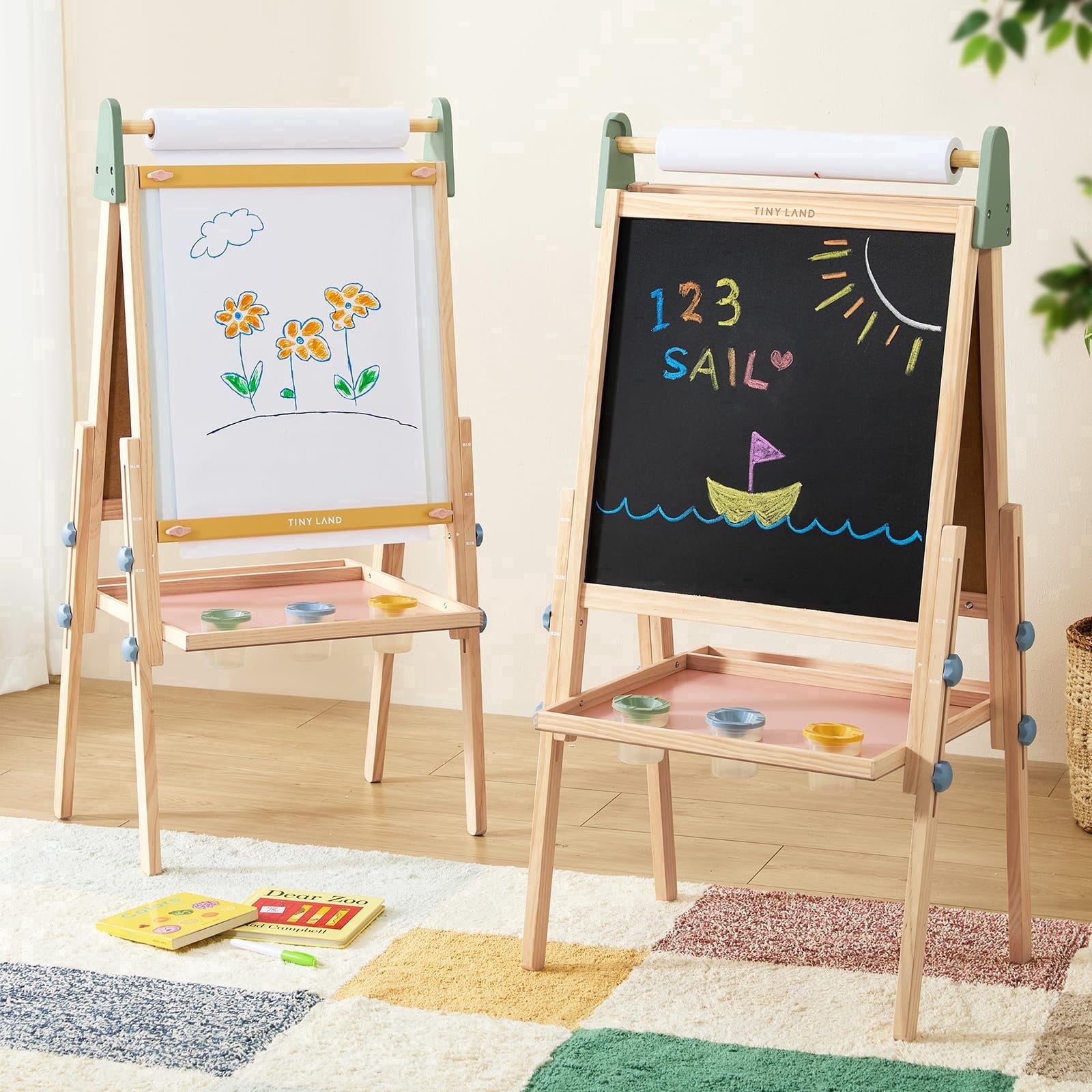 Tiny Land Easel for Kids, Adjustable Double-Sided Wooden Easel with Paper Roll, Whiteboard & Chalkboard, Multi-Functional Art Easel for 3-8 Years Old Boys & Girls