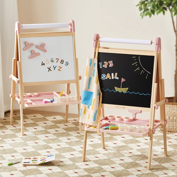 Tiny Land Kids Easel, Wooden Art Easel for Kids Ages 3-8, Magnetic Double-Sided Chalkboard & Whiteboard with Apron - Pink