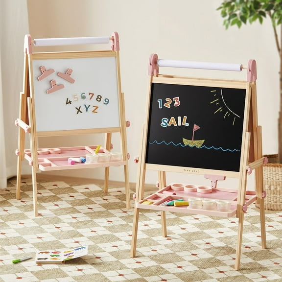 Tiny Land Easel for Kids, Double-Sided Magnetic Easel with Drawing Accessories, Adjustable Wooden Kids Art Easel with Paper Roll, Learning-Toy for 3-8 Years Old Boy & Girls Pink