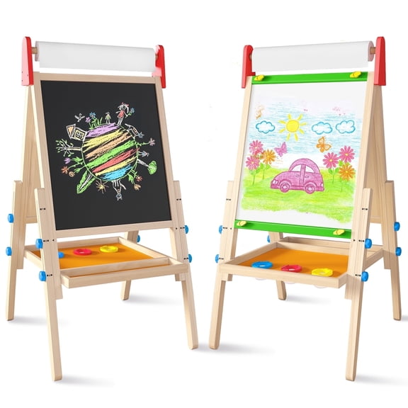 Tiny Land Kids Art Easel with Paper Rolls, Chalkboard & Magnetic Whiteboard for Ages 3-8