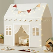 Tiny Land Kids Play Tent with Mat & LED Lights, Neutral Indoor Playhouse for Toddlers, Ages 3-6