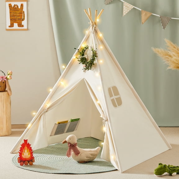 Tiny Land Kids Teepee Tent - Cotton Canvas Play Tent with Lights & Campfire Toy, Ages 3+ Indoor/Outdoor