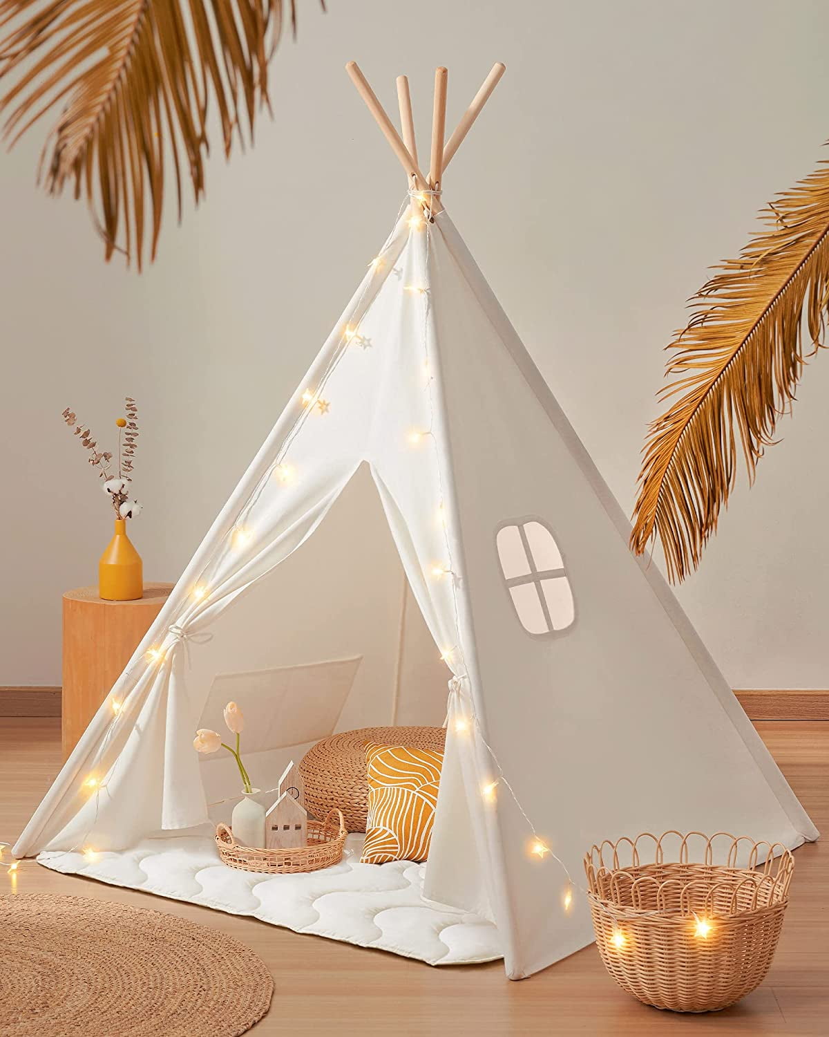 Tiny Land Large Kids Teepee Tent with Padded Mat Light String