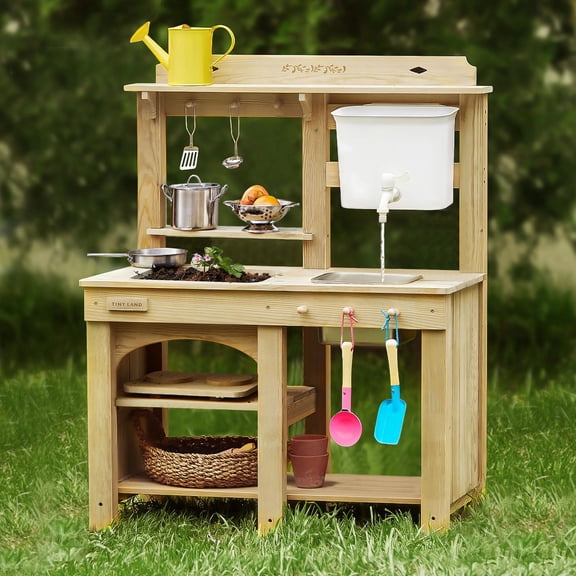 Tiny Land Outdoor Mud Kitchen for Kids - 2-in-1 Stove & Sensory Table with Real Sink, Natural Wood Backyard Play Station for Toddlers