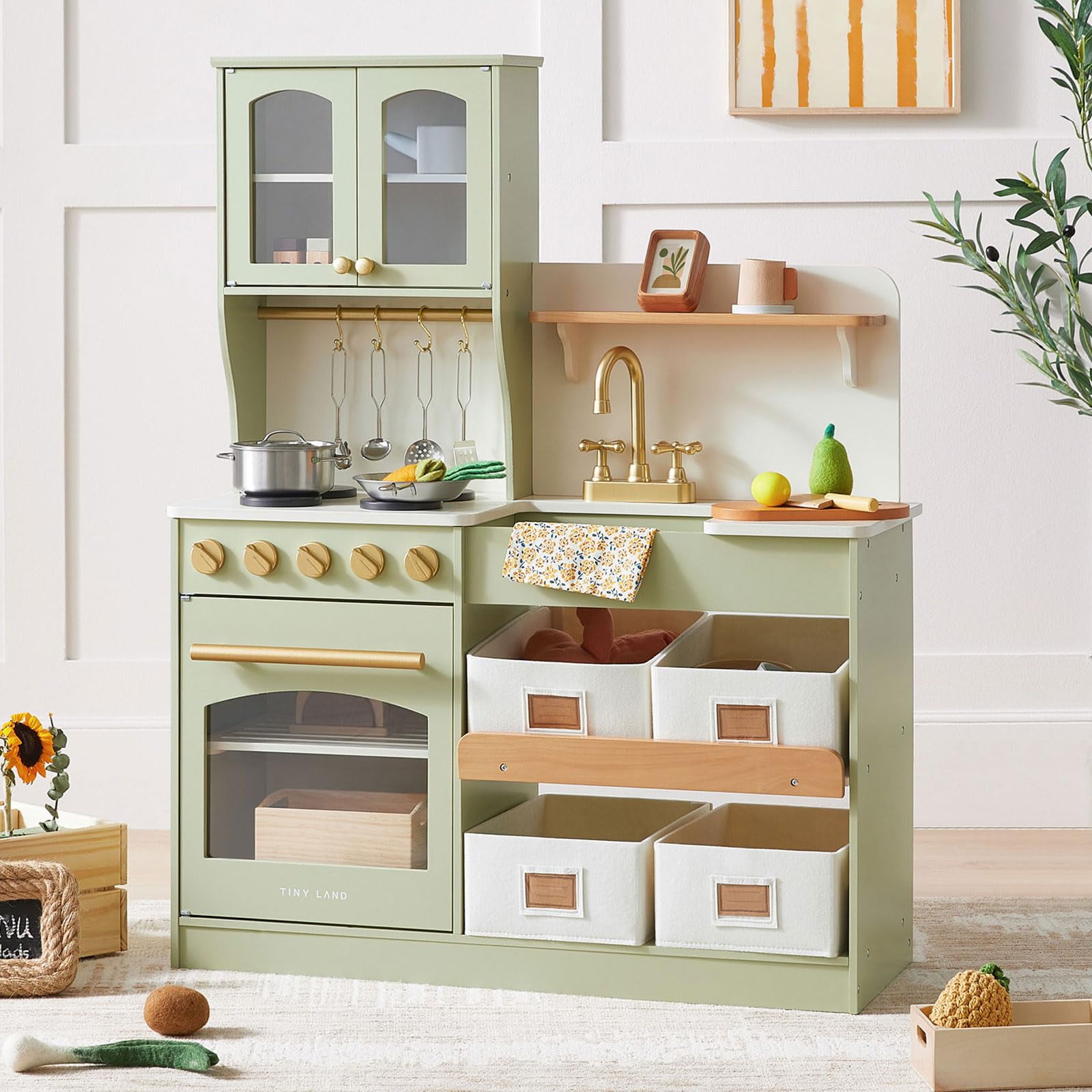 Tiny Land Play Kitchen for Kids, Wooden Toy Kitchen Set with Storage ...