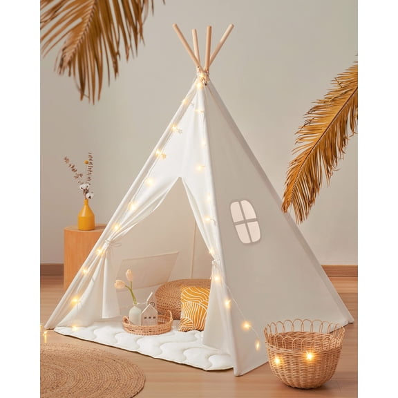 Tiny Land Teepee Tent for Kids 100% Cotton Play Tent with Padded Mat & Star Lights, Foldable with Carry Bag, Indoor Play Tent for Girls & Boys