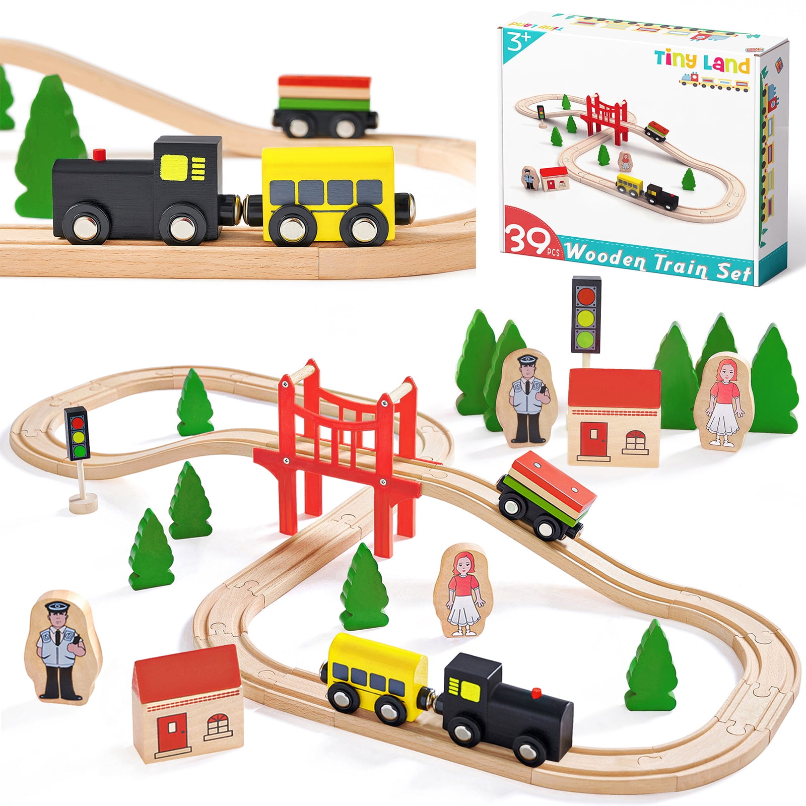 Tiny Land Wooden Train Set - 39 Pcs with Wooden Tr