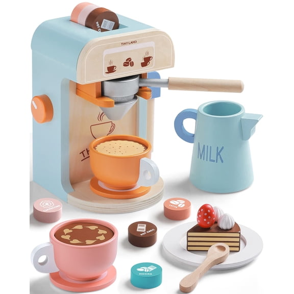 Tiny Land Wooden Coffee Maker Toy Set for Kids, Realistic Caf Role Play Kitchen Accessories for Toddlers Age 3+