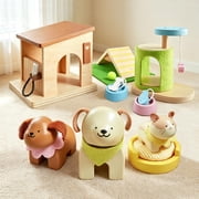 Tiny Land Wooden Dollhouse Animal Set for Toddlers, Dollhouse Accessories & Wooden Pet Playset for Imaginative Play, Gift for Kids Age 3+