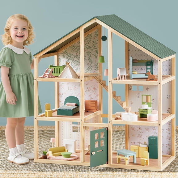 Tiny Land Wooden Dollhouse for Girls - 6 Rooms Wooden Doll House, DIY Pretend Doll House with 31Pcs Furniture Accessories, Creative Gift for Girl Ages 3+, Green